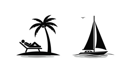 Minimalist black silhouettes of a person relaxing under a palm tree on an island and a sailboat gliding on the ocean waves.