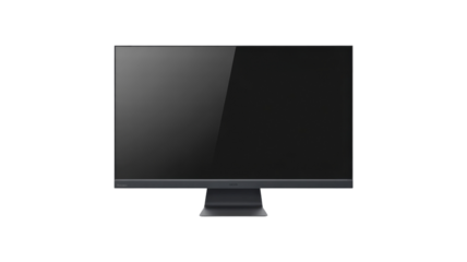 A black computer monitor isolated on transparent background with sleek design and glossy screen