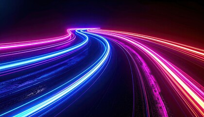 Abstract representation of light trails with blue, purple, and red flowing through darkness