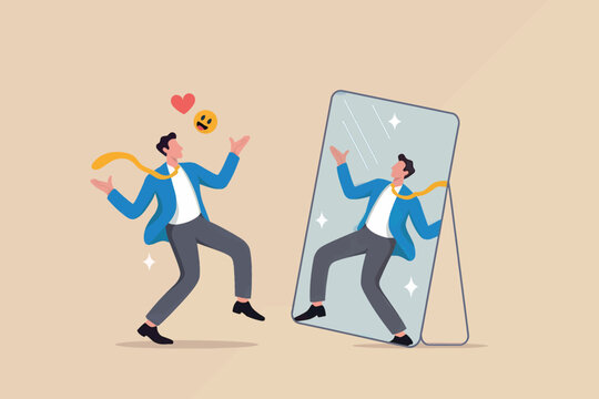Man embracing self-love and confidence while playfully posing in front of a mirror
