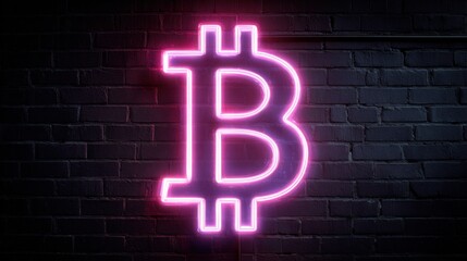 a neon lit bitcoin sign on a brick wall