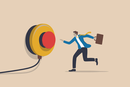 A businessman in a suit running to press a large red emergency stop button with urgency