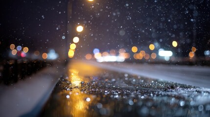 a street with a light and a rain soaked sidewalk