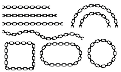 black chain silhouette links arranged in geometric shapes-circles, squares, and arches&mdash;against a stark white background