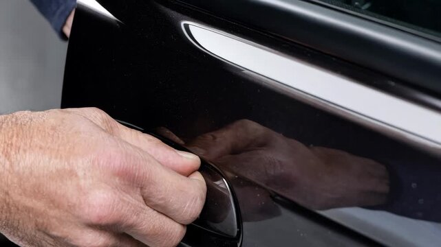 Hands carefully reshaping a sharp crease in a car door restoring smooth metal contours without repainting.
