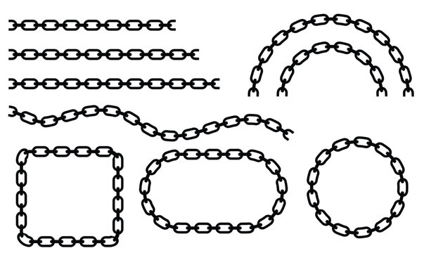 black chain silhouette links arranged in geometric shapes-circles, squares, and arches&mdash;against a stark white background