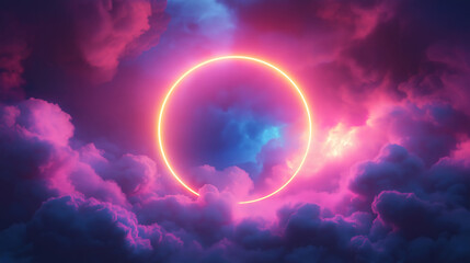 Colorful neon ring glowing within stormy clouds under a dark sky, abstract background