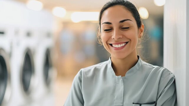 Confident female laundry professional in grey uniform stands with crossed arms in bright modern laundry. Small business ownership and service staff concept