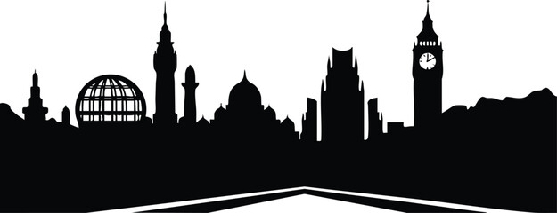 Obraz premium Flat silhouette skyline vector with big ben clock tower dome glass structure road leading to city center horizon minimal black and white composition low angle perspective
