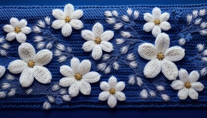 detailed knitted blue jacquard pattern with white flowers