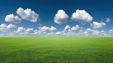 Fototapeta premium Expansive Green Field Stretching to the Horizon Under a Bright Blue Sky with Fluffy White Clouds