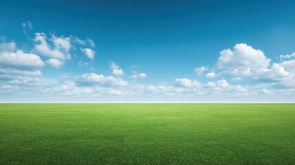 Vibrant Green Field Under a Bright Blue Sky with Clouds Stretching to the Horizon in a Peaceful Landscape Scene