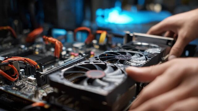 Closeup of a technician installing highperformance cooling fans inside a computer case to improve airflow and prevent overheating during heavy use