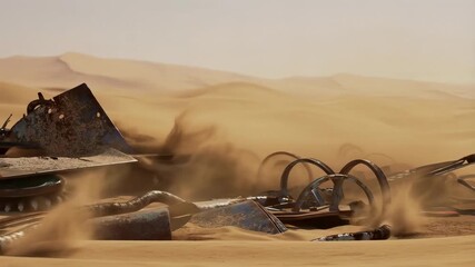 Desert winds reveal rusty metal debris amidst shifting sands in arid wasteland