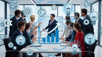 Collaborative Business Team Brainstorming Innovative Solutions and Growth Strategies in a Modern Conference Room Setting with Dynamic Visuals