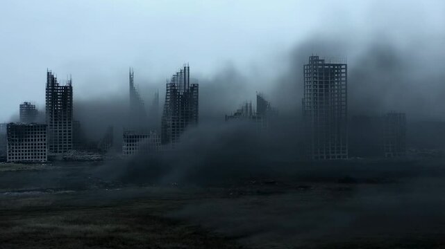 Dramatic urban decay: dense fog envelops abandoned city buildings