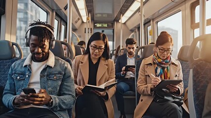 Diverse commuters on a city bus engage with technology reading listening to music and working during their daily commute showcasing modern urban lifestyle
