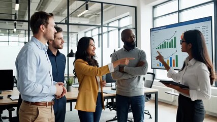 Diverse business team collaborates and analyzes financial projections displayed on a large screen in a modern office setting demonstrating strategic planning and growth focus - Powered by Adobe