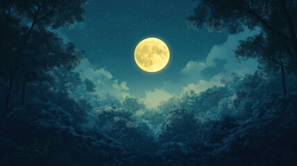 Enchanting fantasy landscape with a magical night sky and fairy tale forest scene