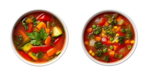 Bowl of vegetable soup isolated on transparent background, PNG format, cut out