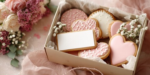 Frosted pink and cream cookies arranged in a gift box with tissue paper. Ribbon and a small blank note complete the delicate Valentine presentation.