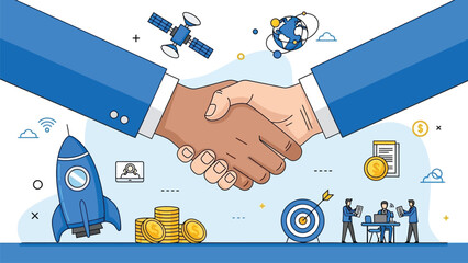 A collaborative handshake represents partnership technology and successful business ventures with innovation