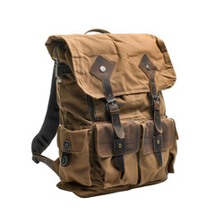Brown Leather Trim Backpack in Rustic Style with Multiple Pockets in Soft Natural Lighting for Outdoor Adventure isolated on transparent background