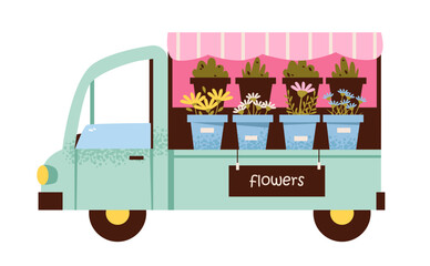 Flower truck carrying potted blooms, perfect for spring, markets, and floral concept. Mobile florist shop. Pastel vector illustration.