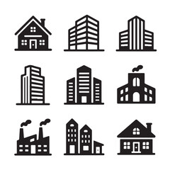 Fototapeta premium Collection of Building Icons Featuring Diverse Architectural Styles from Houses to Skyscrapers Representing Urban Landscape and Real Estate Development in Black Silhouette Style