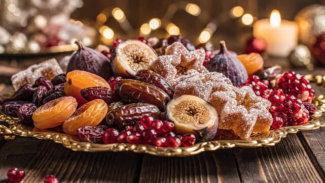 Sugared dried fruits and berries on a gold platter on a wooden table with candles and lights in the background for a festive holiday dinner