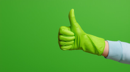Green Gloved Hand Showing Thumbs Up Gesture on Green Background, Approval Success Like Symbol, Positive Feedback Concept with Copy Space
