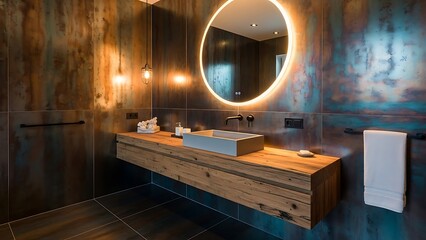 Modern Rustic Bathroom Vanity with Floating Wood Countertop and Illuminated Mirror.