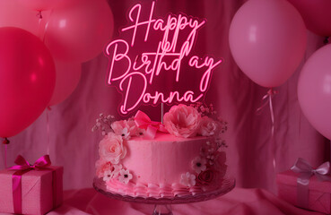 A vibrant pink birthday celebration featuring a personalized neon sign and floral cake for donna