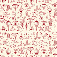 Lunar New Year Lucky Charms and Auspicious Elements Line Art on Beige Vector Seamless Pattern Design