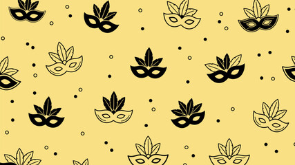 Festive carnival masquerade masks seamless pattern. Black and outline masks with feathers on a vibrant yellow background for party, celebration, and Mardi Gras designs. © Robee Art