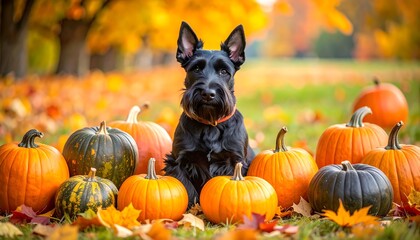 Scottish Terrier Dog Surrounded by Pumpkins in Autumn Setting.