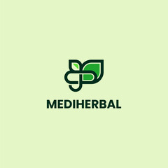 herbal capsules and leaves in lineart design style for herbal medicine and health logo