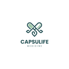 herbal capsules and leaves in lineart design style for herbal medicine and health logo