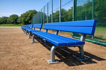 屋外スポーツ施設に整然と並ぶ青いベンチが待機・観戦・休憩を象徴するイメージ