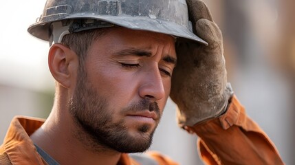 Close up portrait of a weary construction worker resting his hand on his forehead closed eyes in soft sunlight conveying exhaustion from hard labor