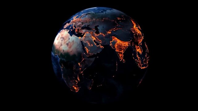 Rotating earth at night with glowing city lights showcasing global urbanization