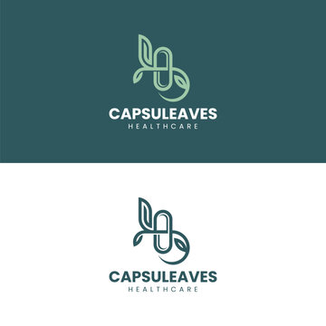 herbal capsules and leaves in lineart design style for herbal medicine and health logo