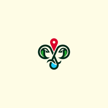 Plants and water with location pin accents, this logo is suitable for agricultural and plantation centers