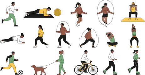 Fitness and Healthy Lifestyle Illustration Set Showing People Exercising, Running, Jump Rope, Yoga, Cycling, Walking Dogs, and Outdoor Workout Activities