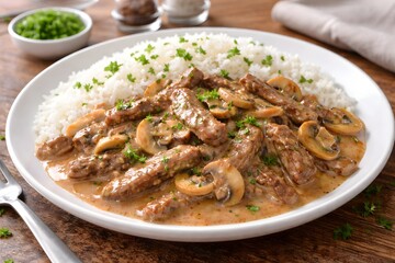 Classic Beef Stroganoff: Tender strips of beef in a creamy mushroom sauce with rice