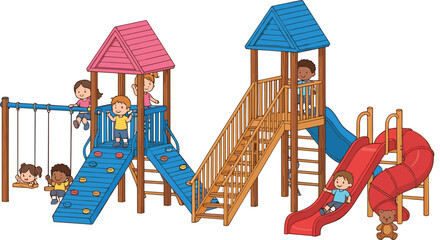 Children Playground Equipment Illustration Set Featuring Slides, Swings, Climbing Structures, Play Towers, and Happy Kids Outdoor Playtime Scenes