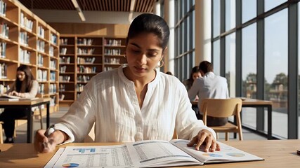 Focused young woman studies intently in a modern library setting reviewing data charts and graphs for research or academic purposes with natural light - Powered by Adobe