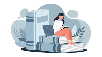 A woman peacefully reading and writing atop a stack of large books in a serene setting