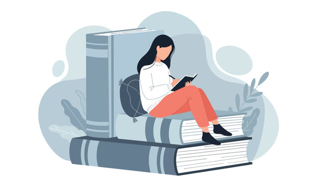 a young woman sits atop a stack of books thoughtfully writing in a journal