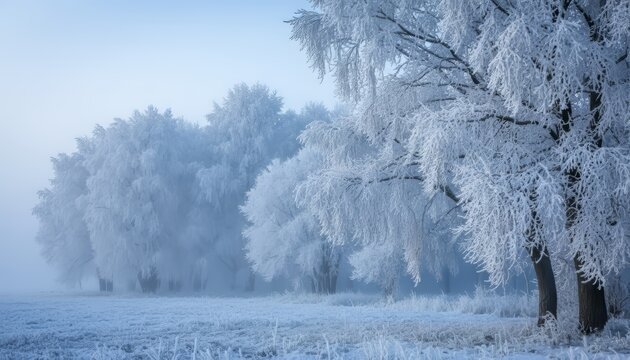 A magical winter forest landscape with trees heavily covered in thick hoarfrost against a soft hazy blue sky.